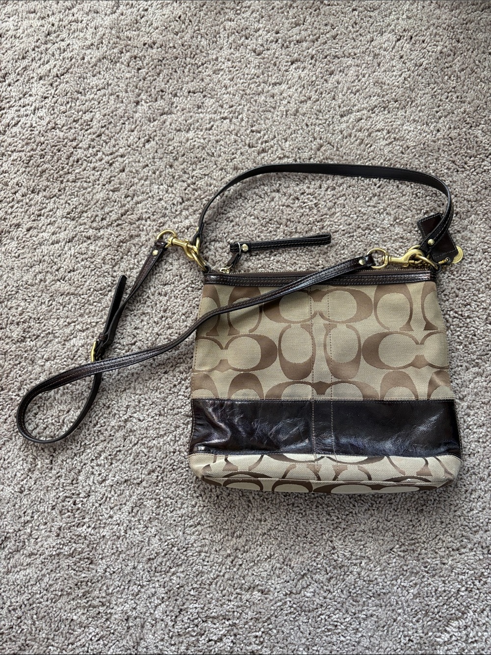 Coach Khaki/Tan Signature Crossbody with Dark Brown Trim